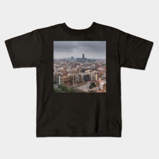 Barcelona skyline under heavy grey clouds Kids T-Shirt